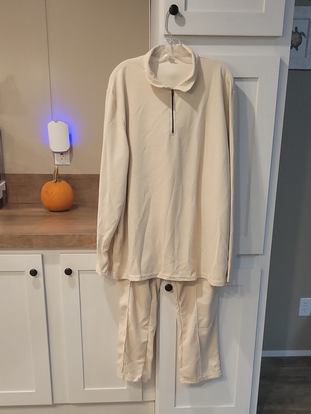 Women's Cream Lounge Zip-Front Top & Pant Set